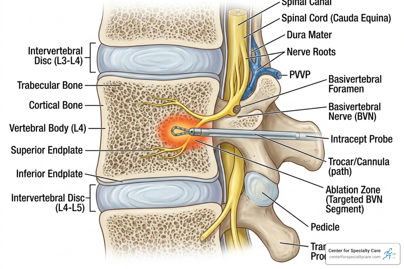 Diagram of the vertebral body and the path of the basivertebral nerve being targeted by the Intracept probe - is intracept