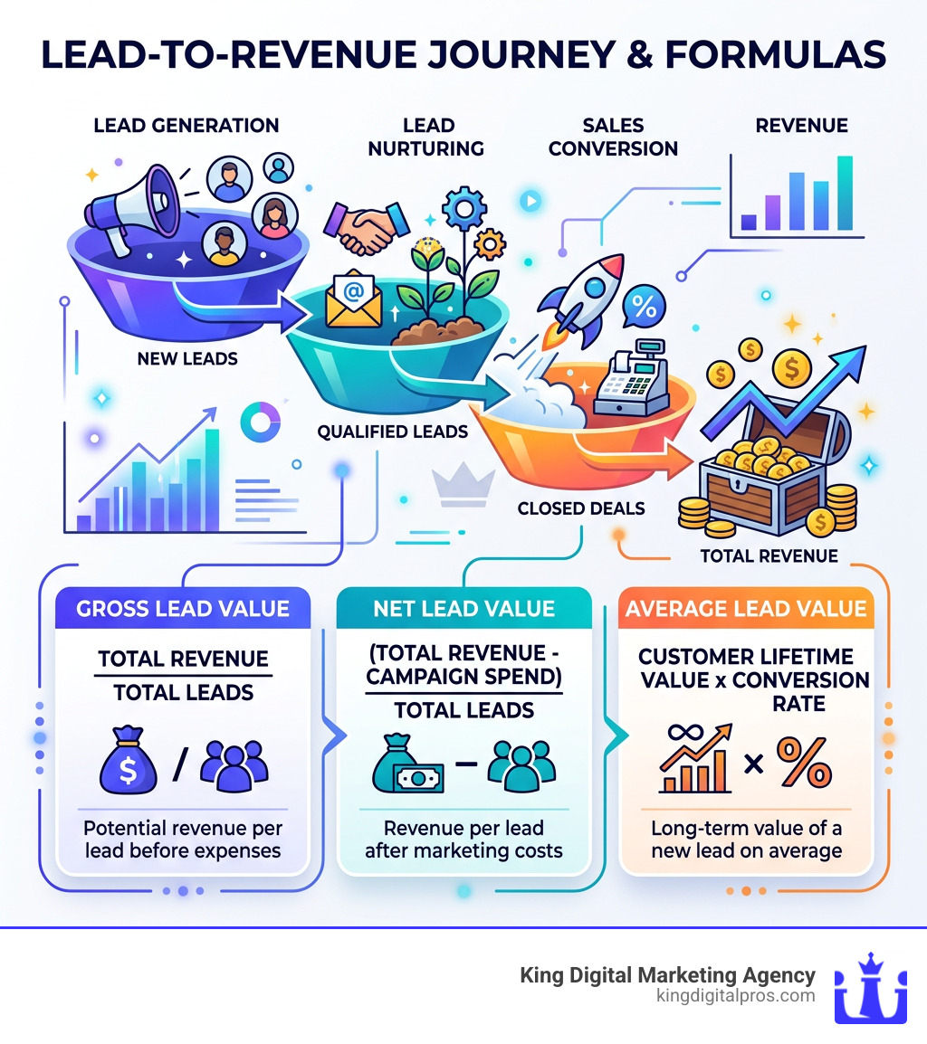Infographic Showing The Lead-To-Revenue Journey With Formulas For Gross, Net, And Average Lead Value By Funnel Stage - Lead