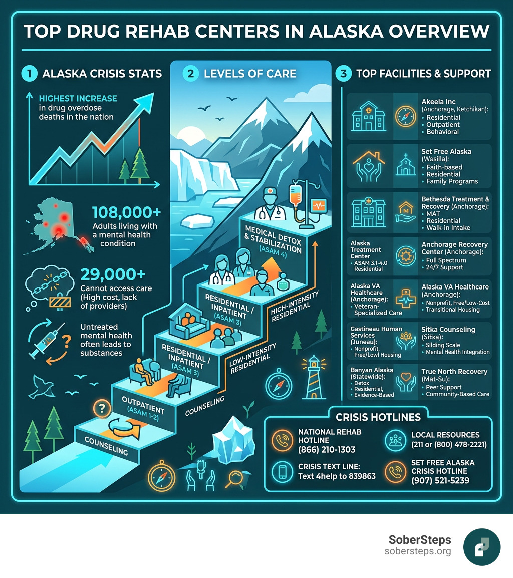 Top drug rehab centers in Alaska overview infographic with crisis stats and care levels - drug rehab centers in Alaska