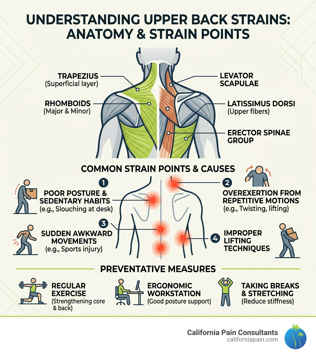 upper back muscle anatomy and common strain points infographic - upper back strains infographic 