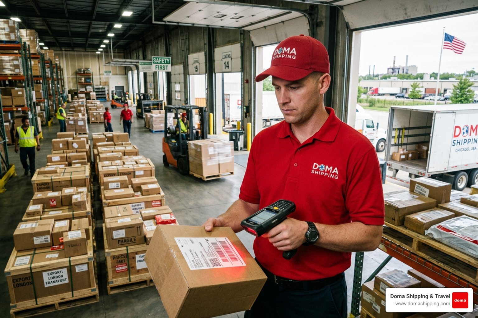 Worker scanning a package at an international logistics warehouse - track package from USA Worker scanning a package at an international logistics warehouse - track package from USA