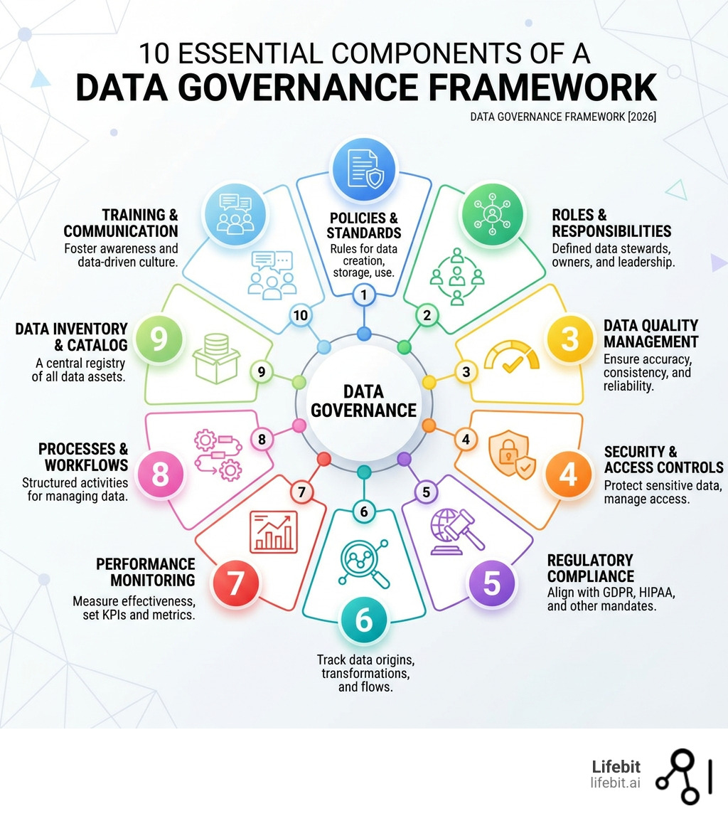 Infographic showing the 10 essential components of a data governance framework including policies, roles, quality, security Infographic showing the 10 essential components of a data governance framework including policies, roles, quality, security