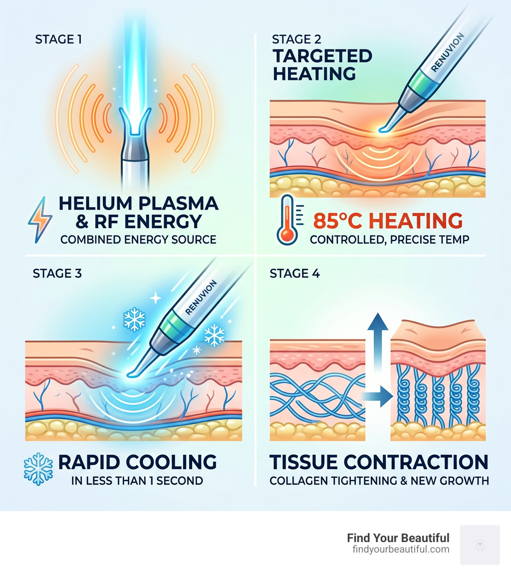 Renuvion tissue contraction process infographic showing helium plasma, 85°C heating, rapid cooling, and collagen tightening