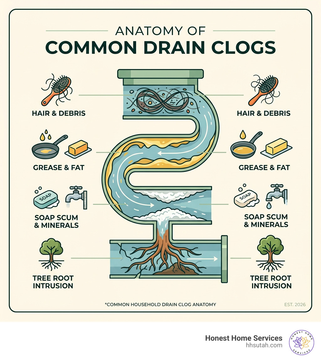 Infographic showing common household drain clog anatomy layers hair grease soap buildup and root intrusion - drain pipe Infographic showing common household drain clog anatomy layers hair grease soap buildup and root intrusion - drain pipe