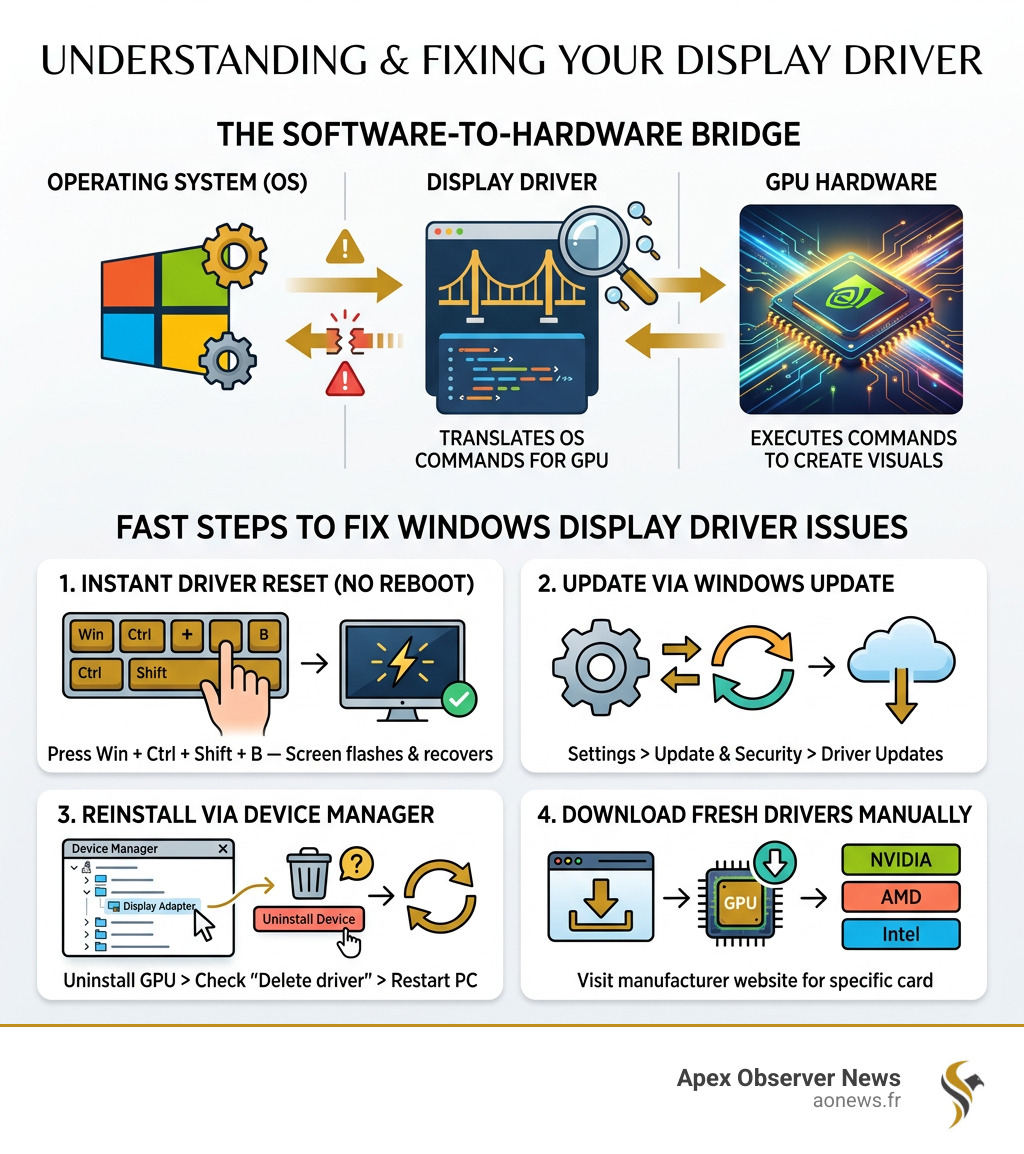 Infographic showing how display drivers translate OS commands to GPU hardware, and the steps to fix them - fix windows Infographic showing how display drivers translate OS commands to GPU hardware, and the steps to fix them - fix windows