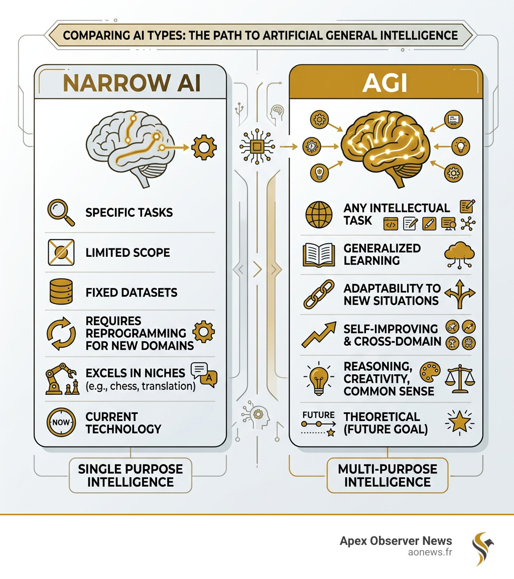 Infographic comparing Narrow AI vs AGI across key capabilities and characteristics - artificial general intelligence Infographic comparing Narrow AI vs AGI across key capabilities and characteristics - artificial general intelligence