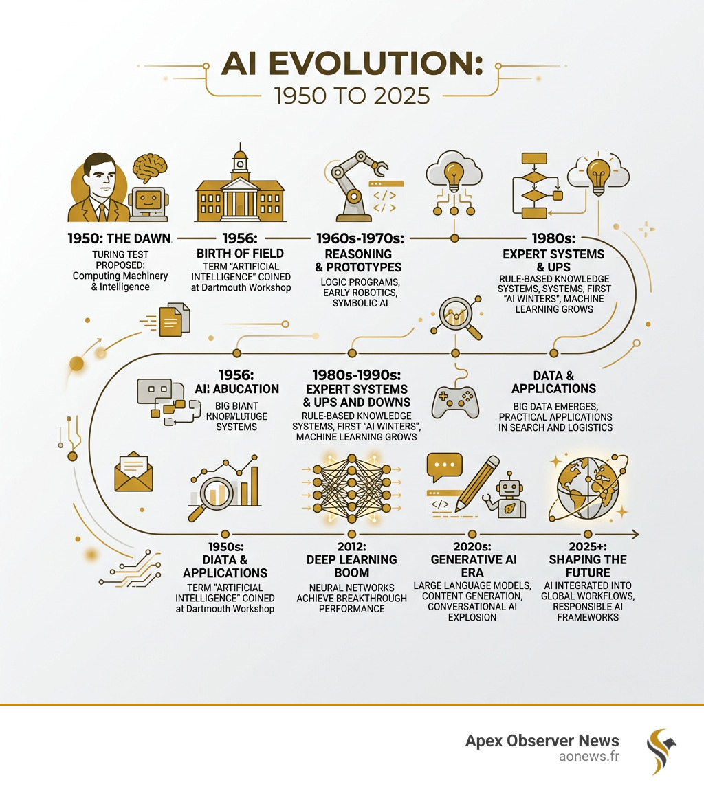 AI timeline infographic from 1950 to 2025 showing key milestones - ai infographic 