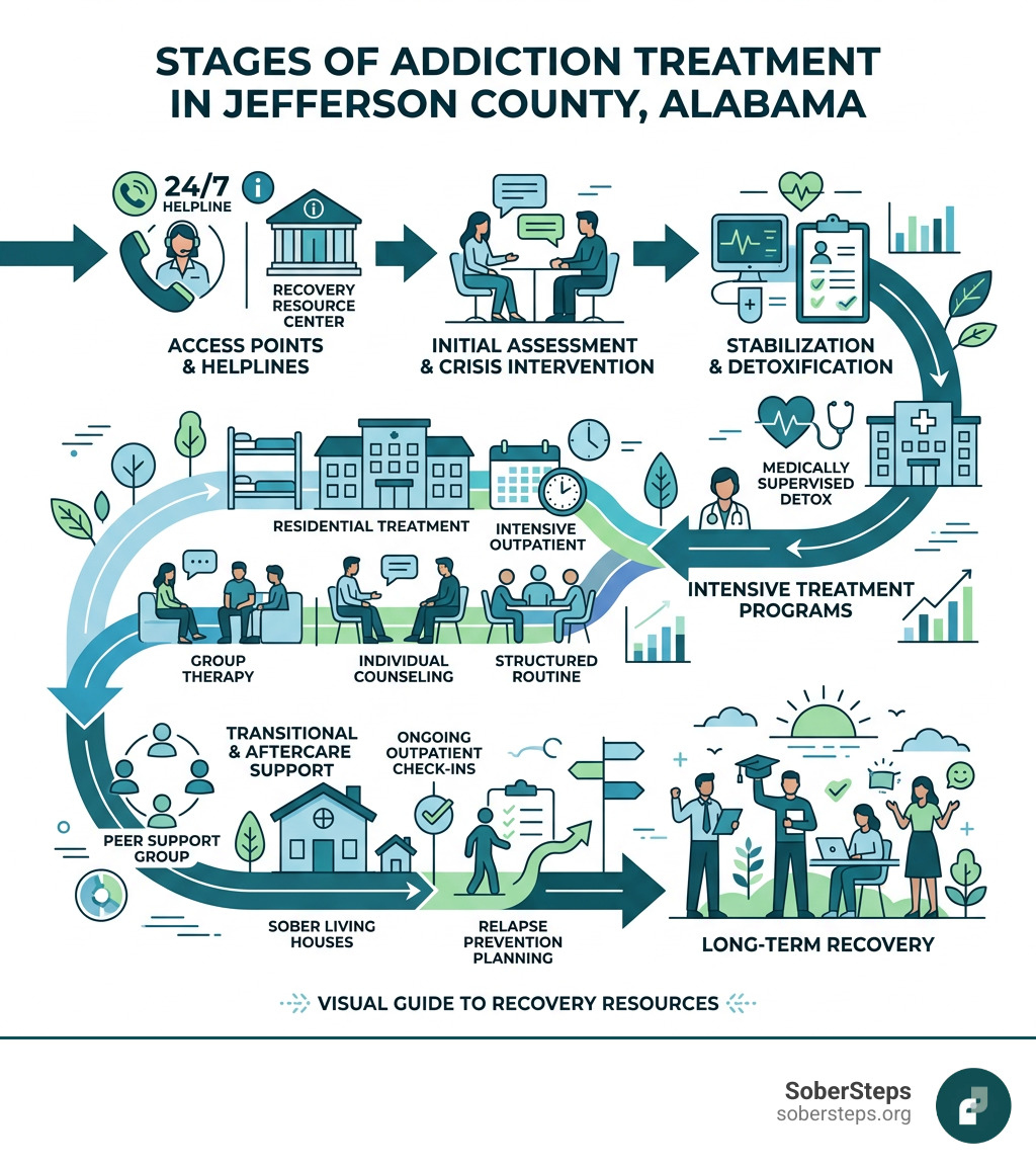 Stages of addiction treatment in Jefferson County Alabama with key facility types and access points - drug rehab Jefferson