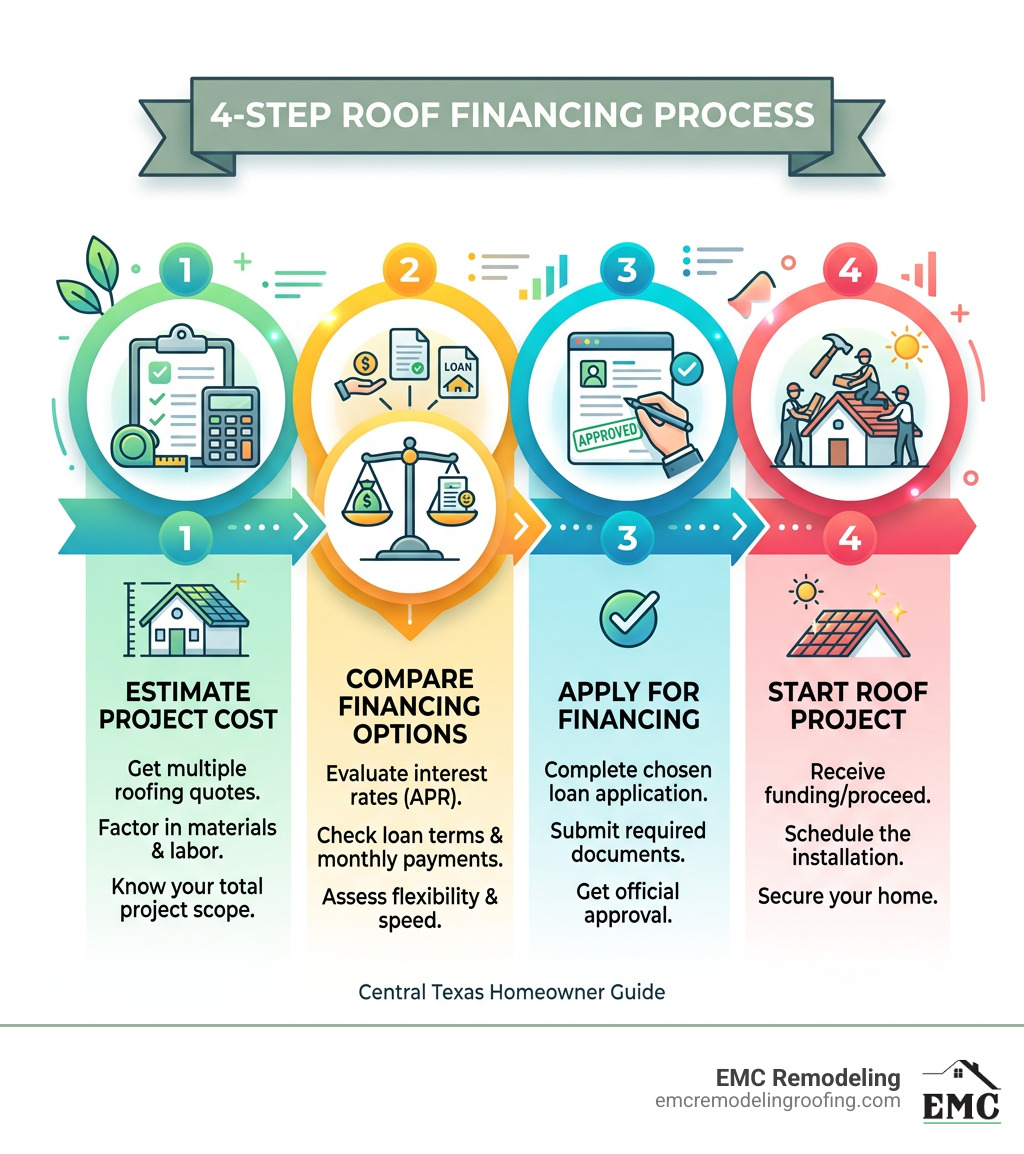 4-step roof financing process: estimate, compare options, apply, start project - roof financing options infographic 