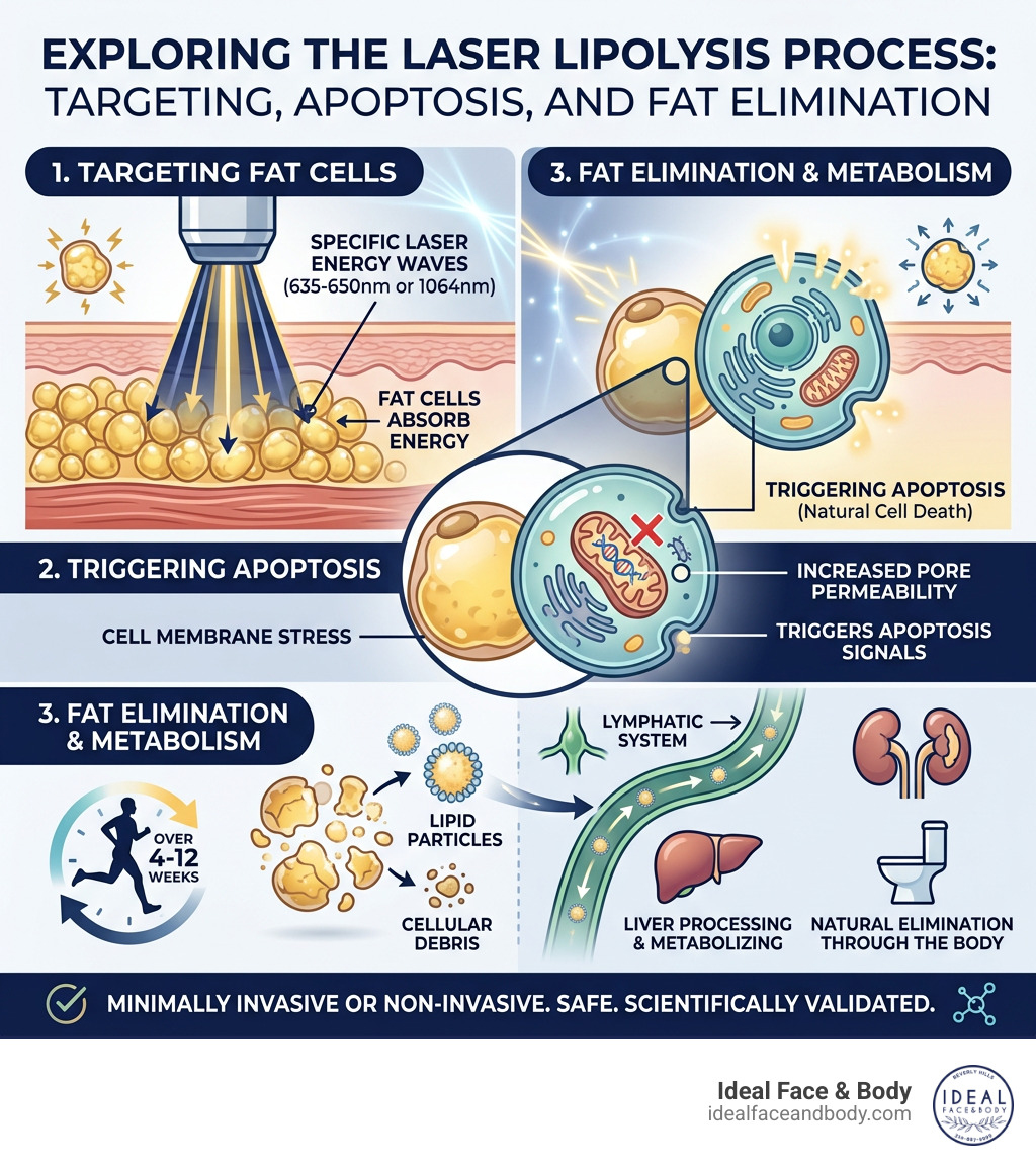 Infographic explaining the laser lipolysis process: how laser energy targets fat cells, triggers apoptosis, and eliminates Infographic explaining the laser lipolysis process: how laser energy targets fat cells, triggers apoptosis, and eliminates