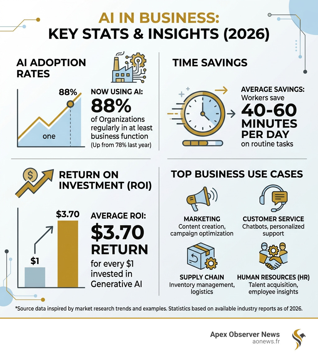 Infographic showing key AI in business stats: adoption rates, ROI, time saved, and top use cases - ai in business Infographic showing key AI in business stats: adoption rates, ROI, time saved, and top use cases - ai in business