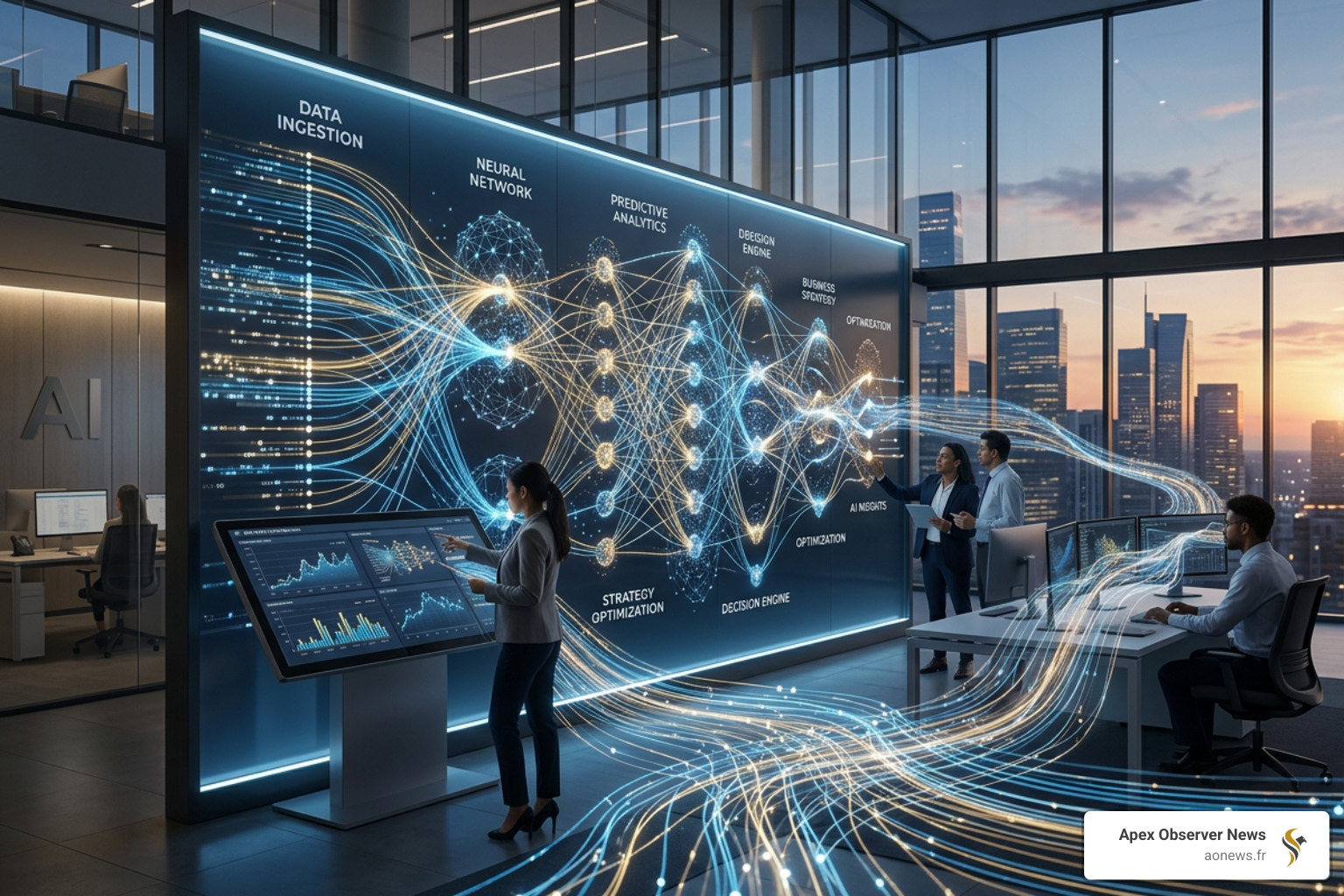 A digital visualization of data processing and neural networks representing AI strategy - ai in business A digital visualization of data processing and neural networks representing AI strategy - ai in business