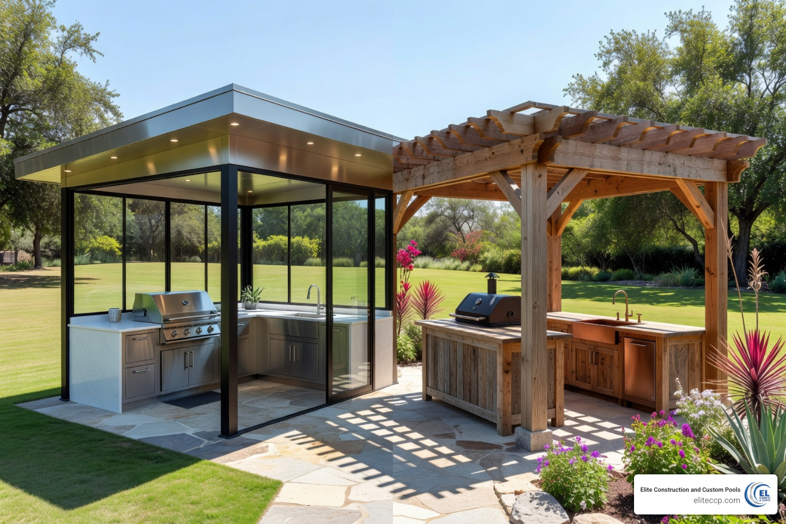 modern pavilion vs traditional pergola comparison - covered outdoor kitchen