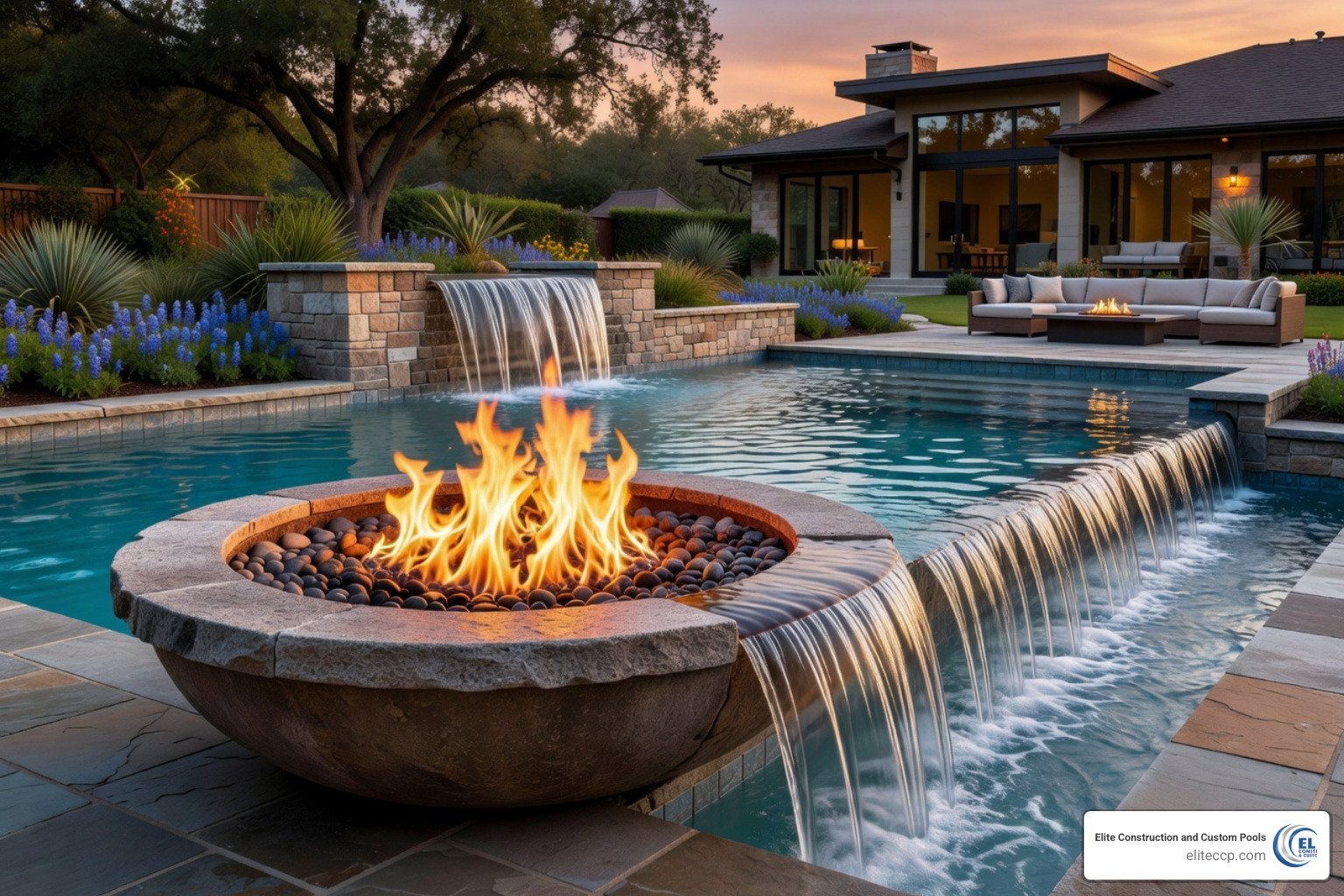 Fire And Water Bowl Feature With Cascading Waterfall Into A Luxury Pool - Fire Bowls For Pool Near Me Fire and water bowl feature with cascading waterfall into a luxury pool - fire bowls for pool near me