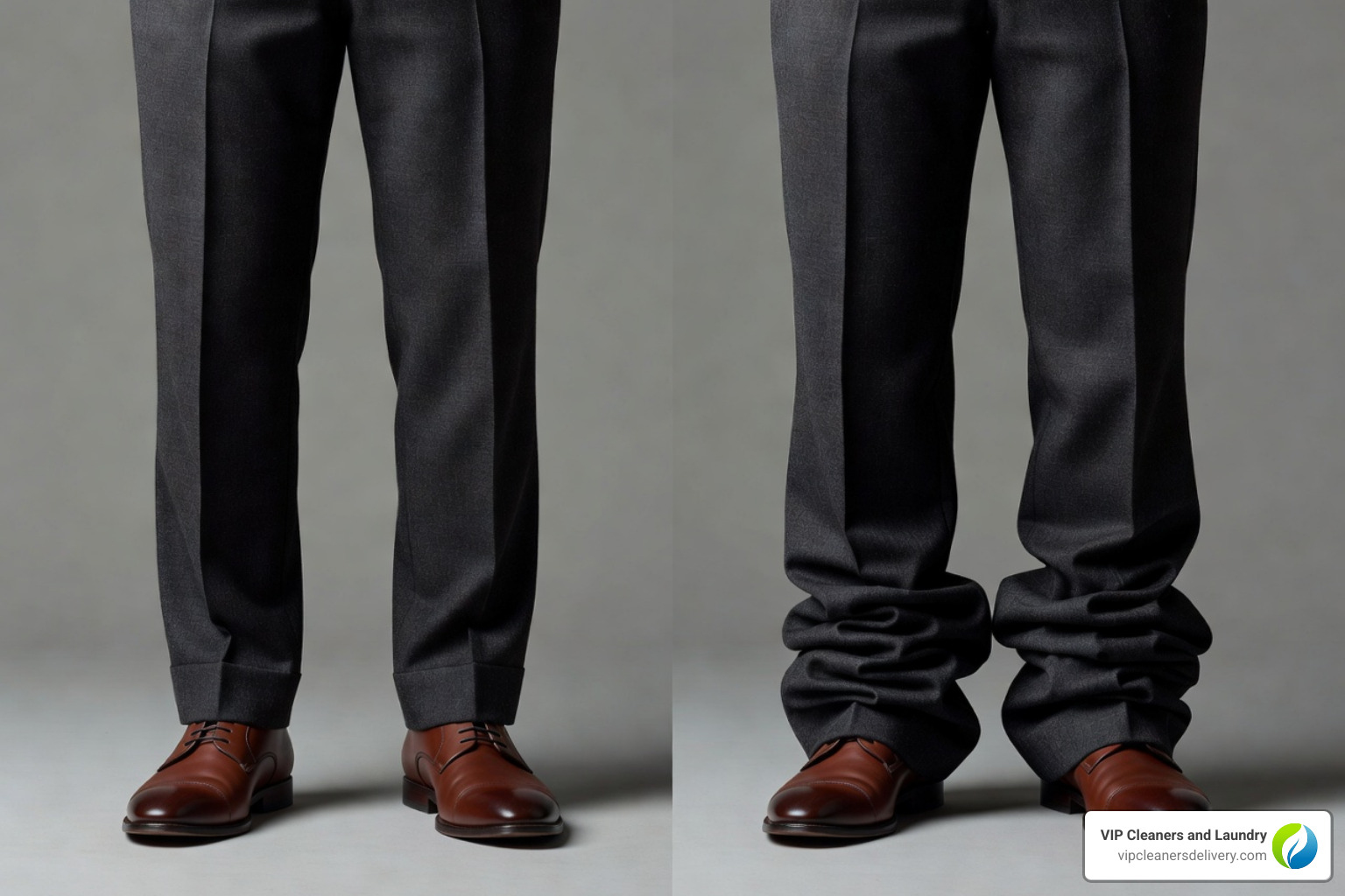 perfectly hemmed trousers next to a pair that are too long - san diego tailors