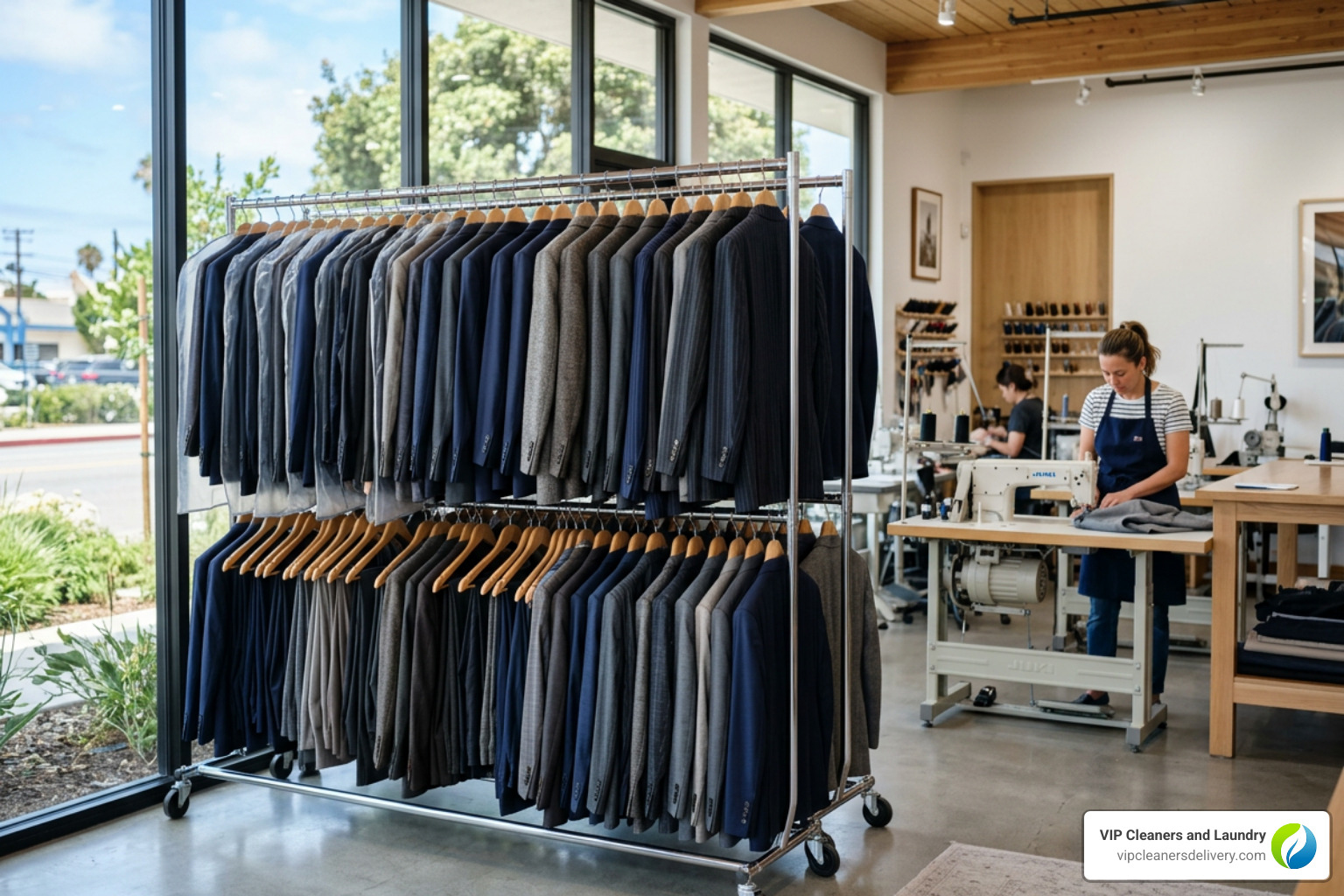 rack of tailored suits in a clean alteration shop - alterations Pacific Beach rack of tailored suits in a clean alteration shop - alterations Pacific Beach