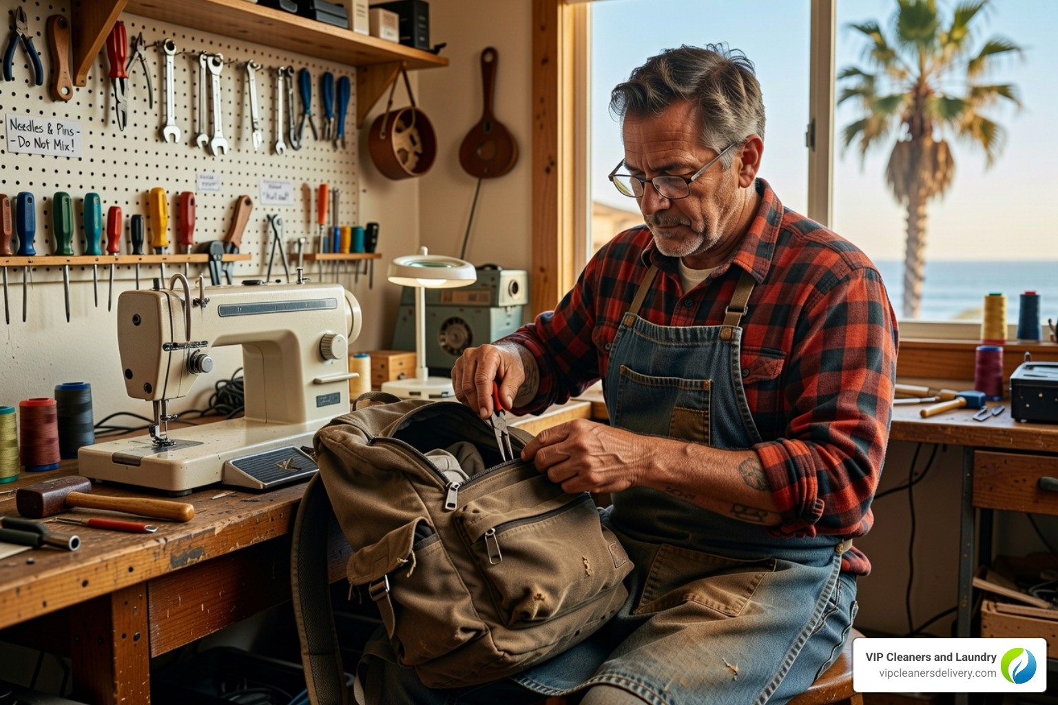 Professional tailor working on a heavy-duty backpack zipper - backpack zipper repair san diego