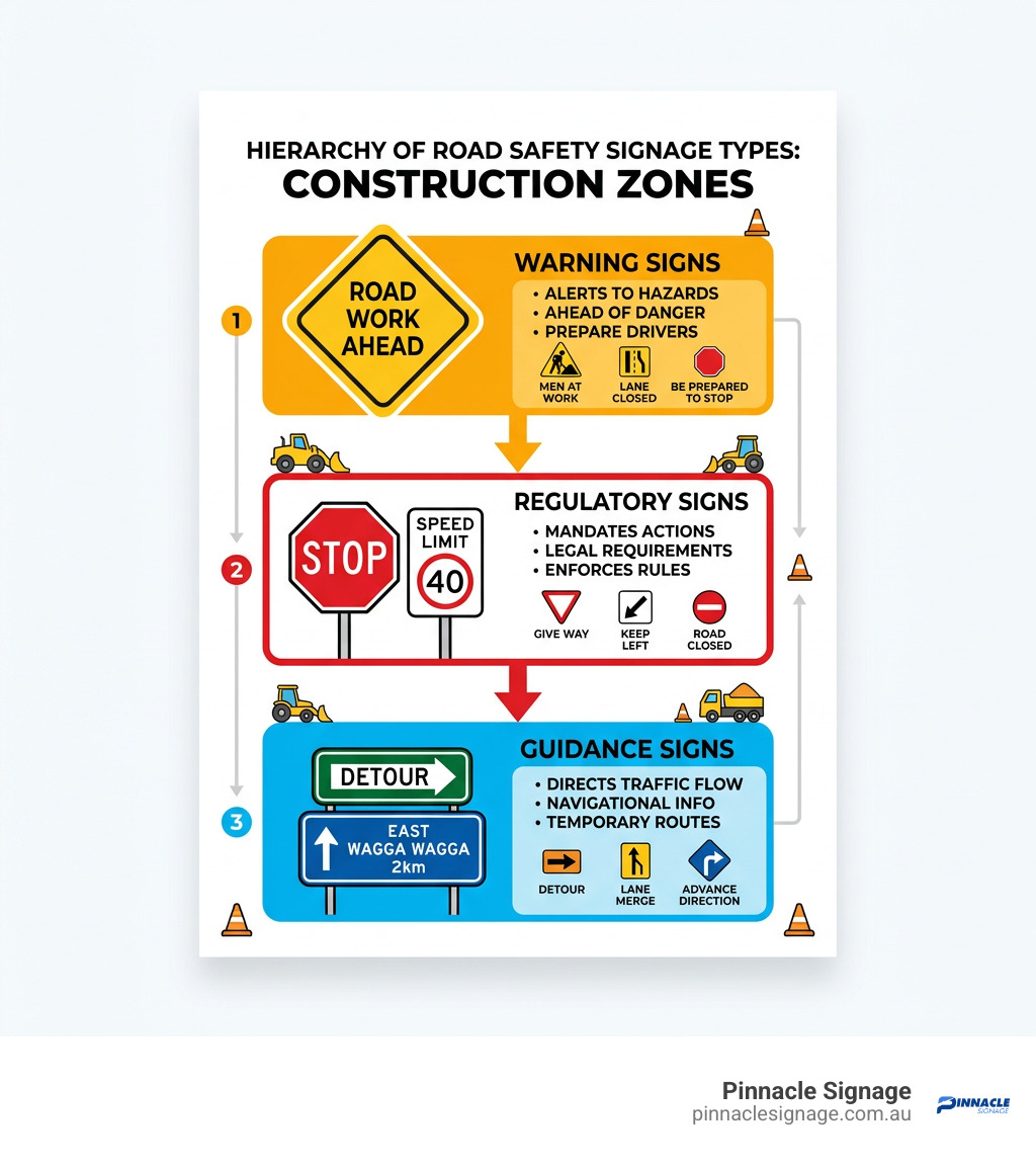 A visual guide to construction traffic sign logic, illustrating how signs prepare, mandate, and direct drivers in work zones.