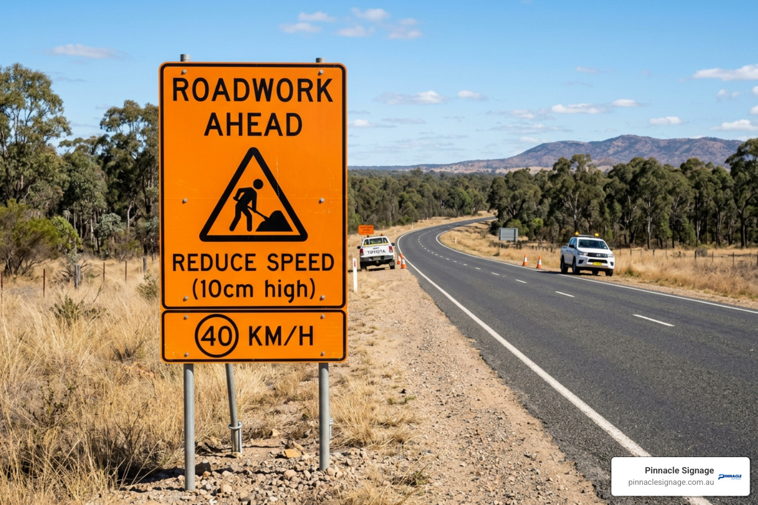 A bright orange "Roadwork Ahead" construction traffic sign on a rural highway, indicating a speed reduction to 40 km/h.