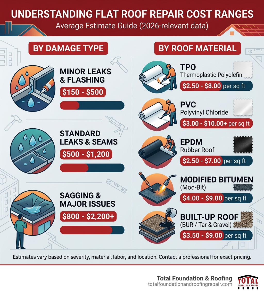 Infographic showing average flat roof repair cost ranges by damage type and material - Flat roof repair cost infographic 