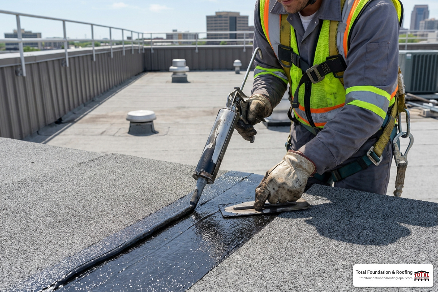 technician applying sealant to a flat roof membrane - Flat roof repair cost