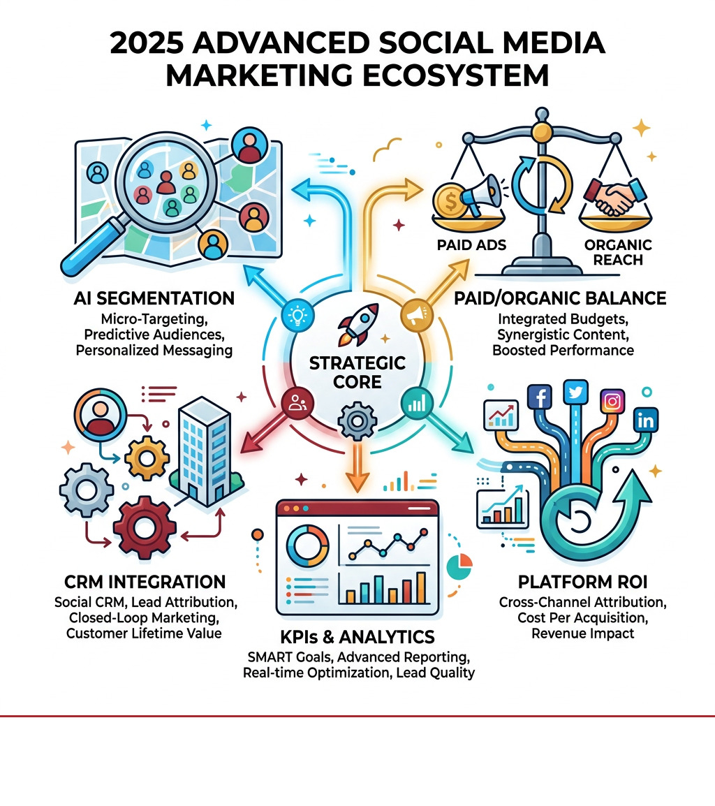 Infographic showing the modern advanced social media marketing ecosystem: AI segmentation, paid/organic balance, platform ROI