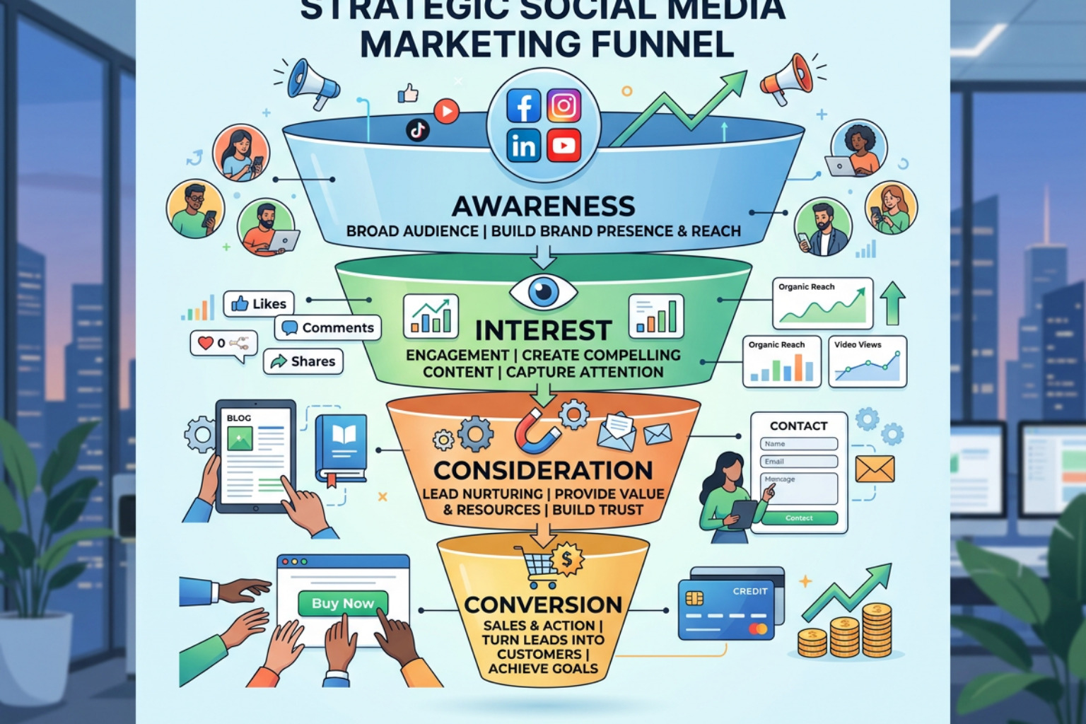 Strategic marketing funnel showing the journey from awareness to conversion through social media - advanced social media