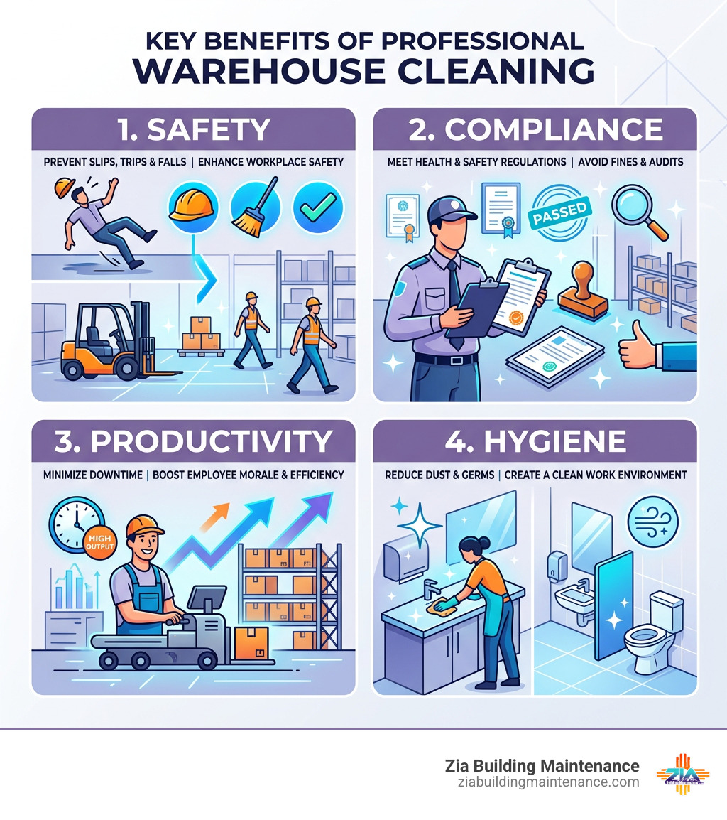 infographic showing key benefits of professional warehouse cleaning including safety compliance productivity and hygiene infographic showing key benefits of professional warehouse cleaning including safety compliance productivity and hygiene