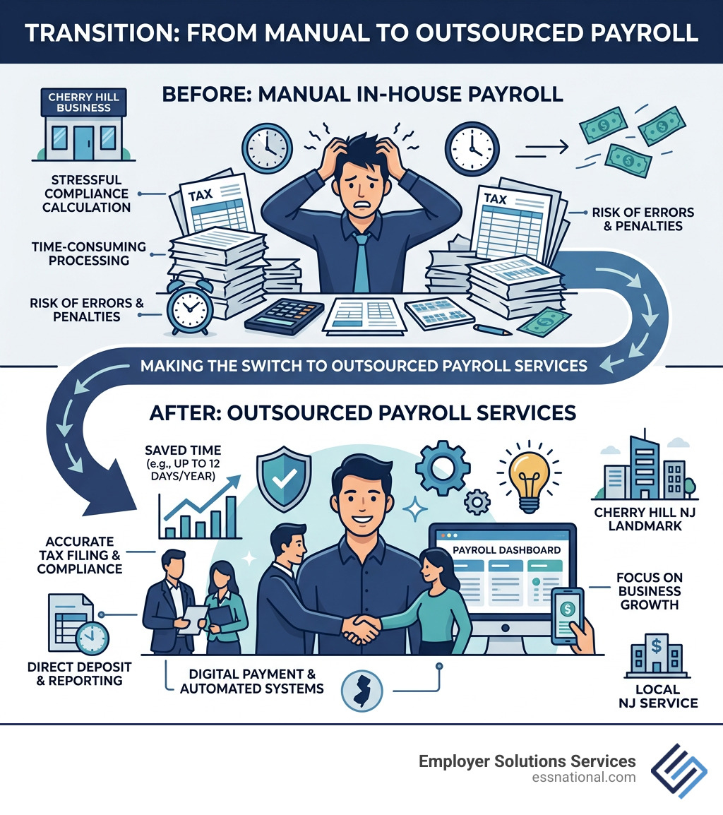 infographic showing transition from manual in-house payroll to outsourced payroll services in Cherry Hill NJ - payroll