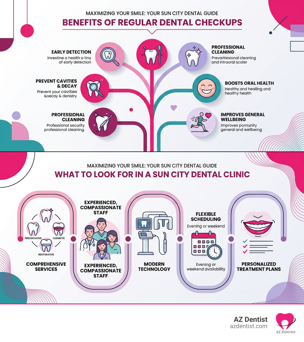 Infographic showing benefits of regular dental checkups and what to look for in a Sun City dental clinic - Sun City dental Infographic showing benefits of regular dental checkups and what to look for in a Sun City dental clinic - Sun City dental