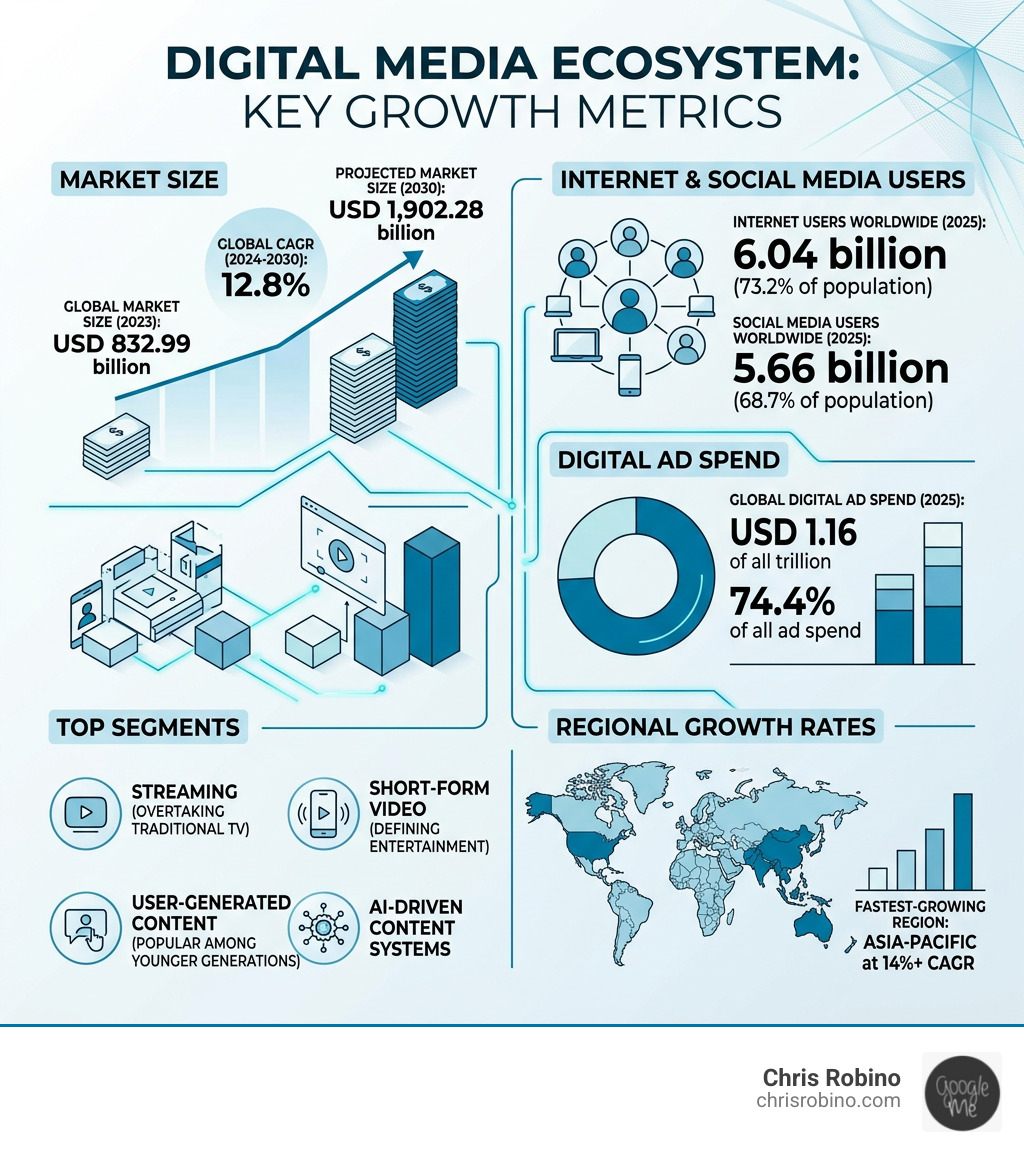 Infographic showing digital media ecosystem: market size, internet users, ad spend, top segments, and regional growth rates