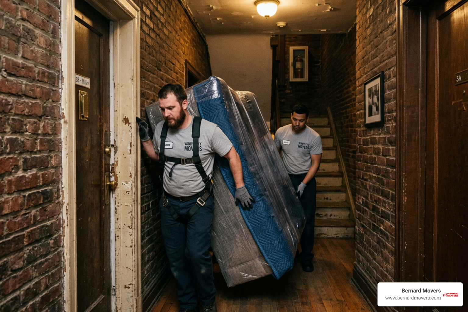 professional movers navigating a narrow Chicago hallway - residential moving Chicago