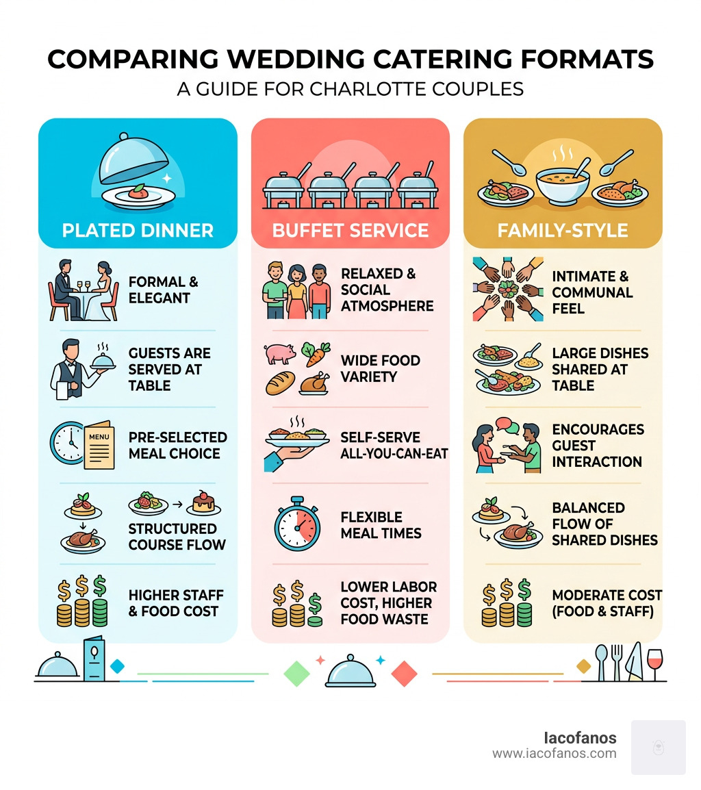 Comparison infographic: plated vs buffet vs family-style wedding catering formats and features - wedding catering Charlotte Comparison infographic: plated vs buffet vs family-style wedding catering formats and features - wedding catering Charlotte