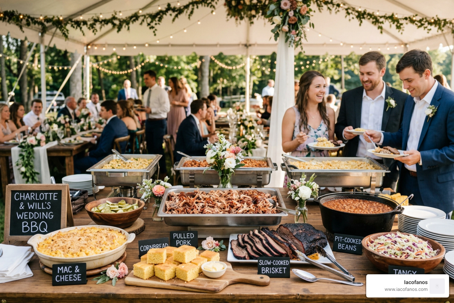 Southern BBQ wedding spread with pulled pork, brisket, and traditional sides - wedding catering Charlotte NC Southern BBQ wedding spread with pulled pork, brisket, and traditional sides - wedding catering Charlotte NC