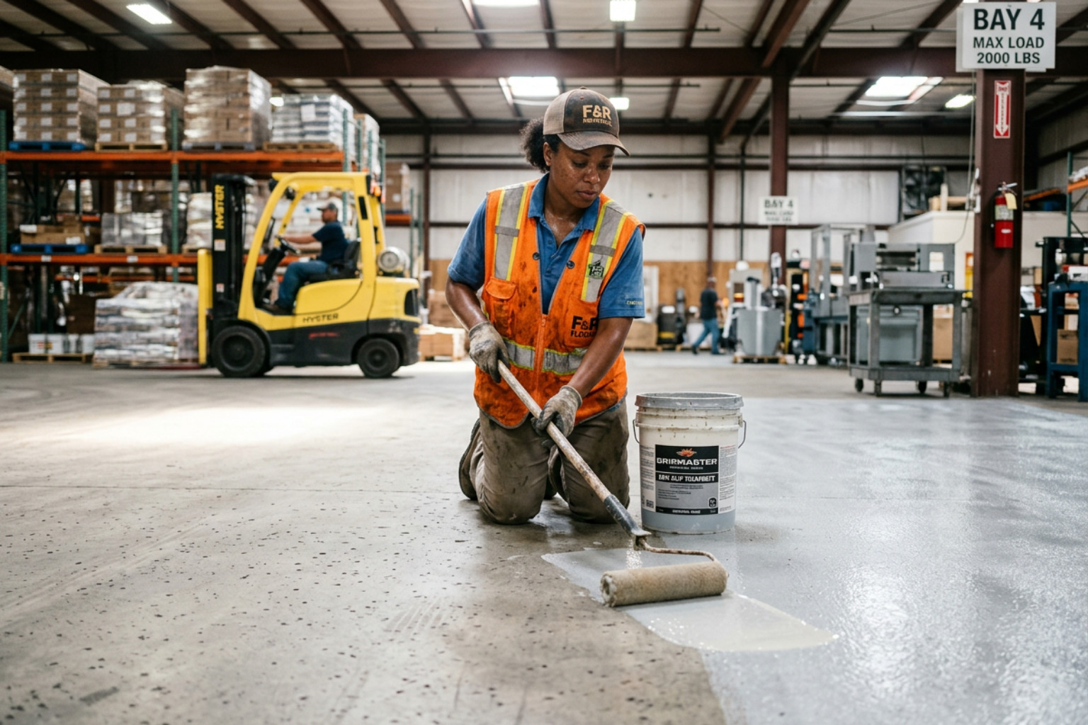 technician applying treatment to warehouse floor - Anti slip floor treatments