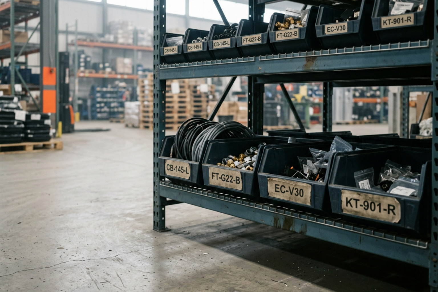 organized component bins in a warehouse setting showing inventory strategy and value-added services kitting process