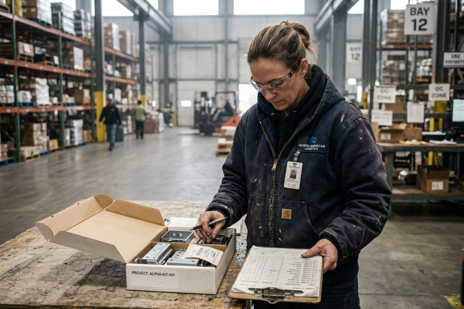 quality control checkpoint in a warehouse with a worker verifying a bill of materials kitting process