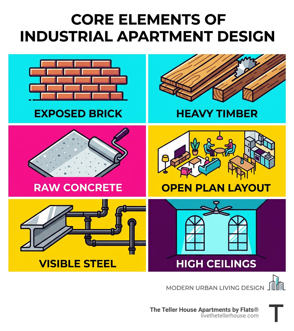 Core elements of industrial apartment design: exposed brick, concrete, steel, timber, open plan, high ceilings - industrial