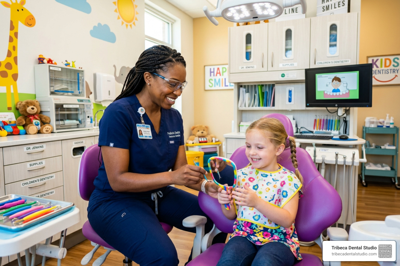A pediatric dentist explaining a dental tool to a curious child - pediatric dentist queens ny A pediatric dentist explaining a dental tool to a curious child - pediatric dentist queens ny