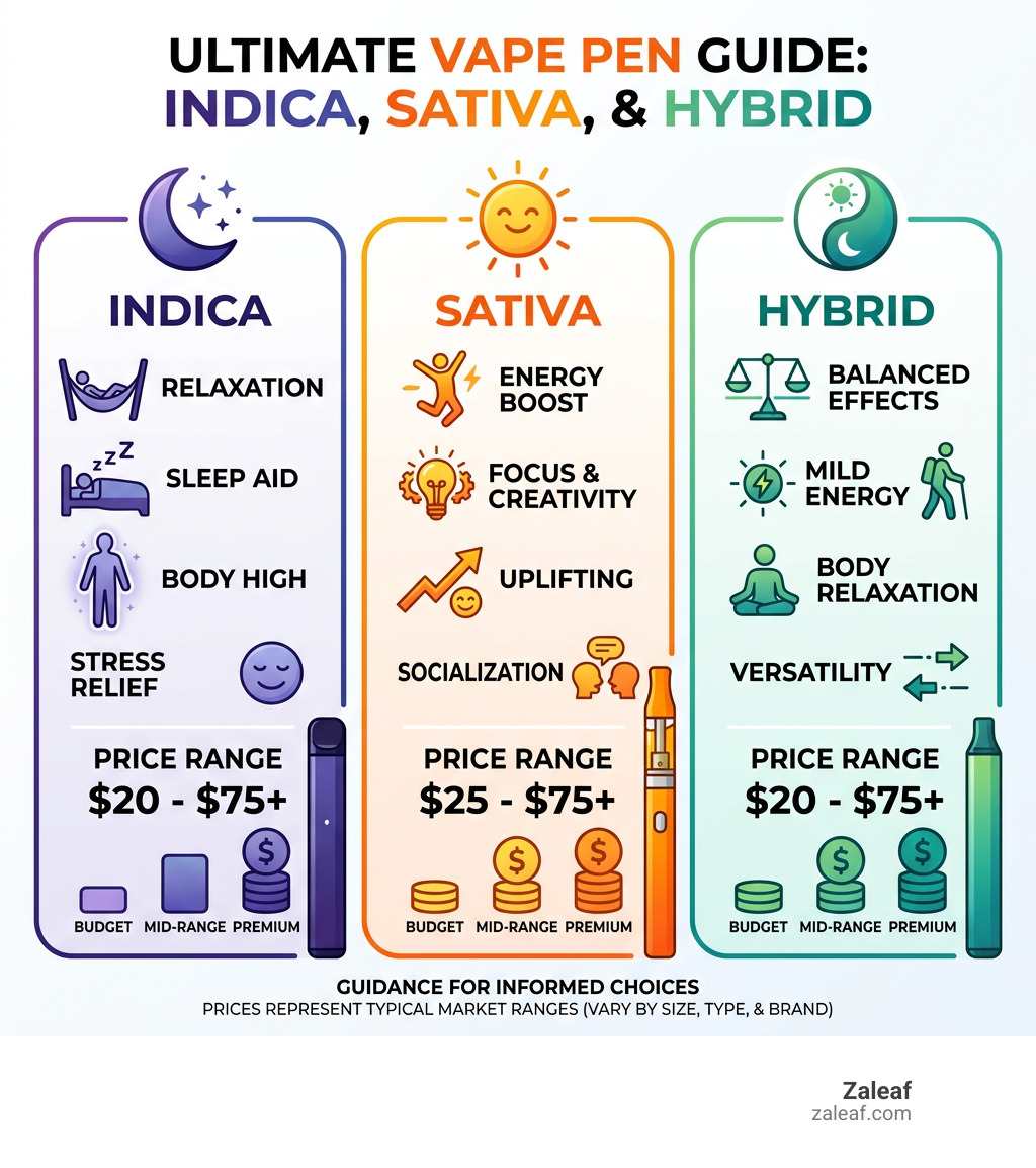 Infographic comparing indica, sativa, and hybrid vape pen effects and price ranges - indica pen price infographic Infographic comparing indica, sativa, and hybrid vape pen effects and price ranges - indica pen price infographic
