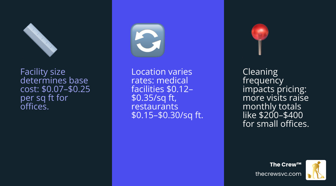 Infographic showing commercial cleaning cost variables: sq ft, frequency, business type, location, and service add-ons