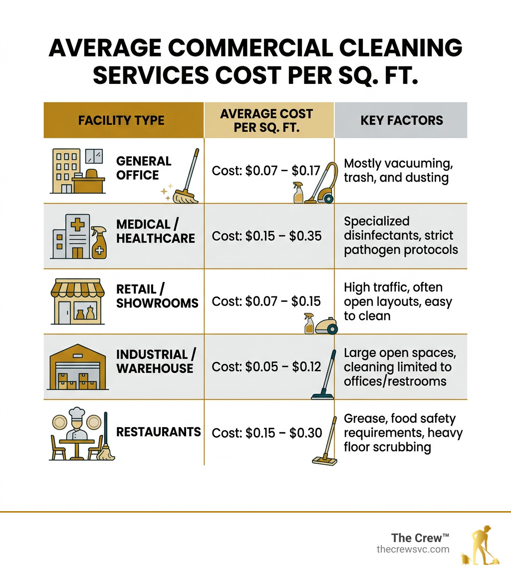 Table comparing costs by business type and square footage - commercial cleaning services cost infographic 