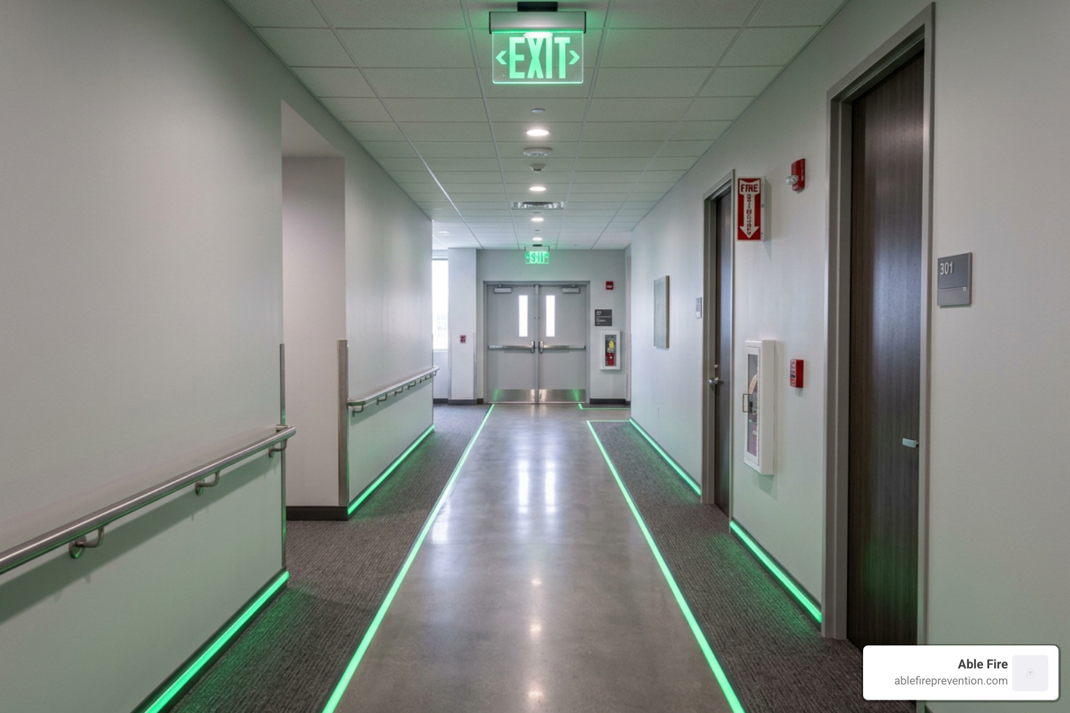 An illuminated exit path showing clear floor-level lighting and exit signs - emergency lighting code requirements An illuminated exit path showing clear floor-level lighting and exit signs - emergency lighting code requirements