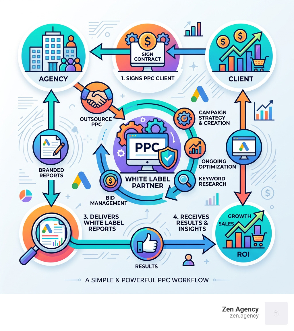 white label PPC workflow infographic showing agency, white label partner, and client relationship - white label adwords white label PPC workflow infographic showing agency, white label partner, and client relationship - white label adwords