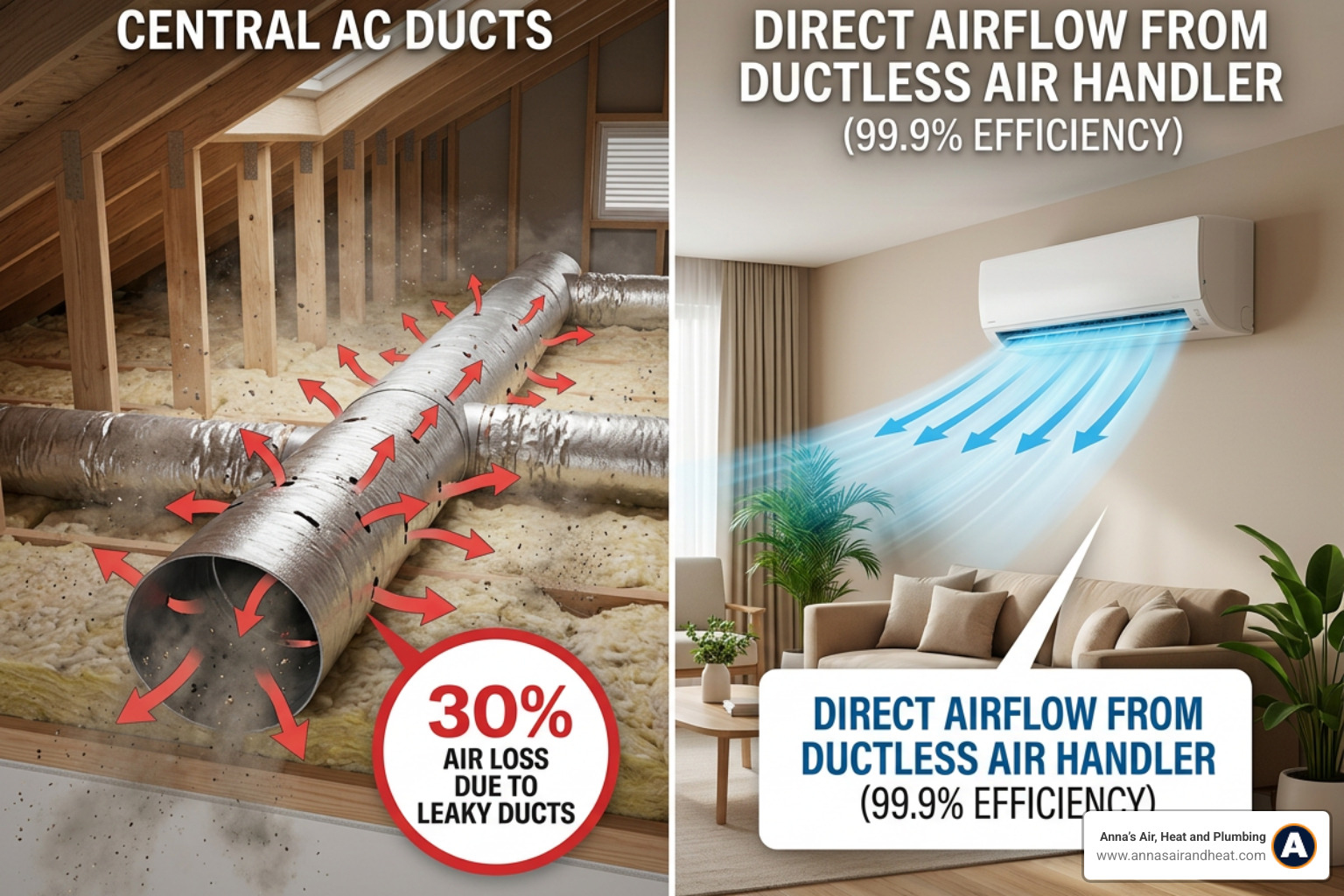 Graphic showing air loss in central AC ducts versus direct airflow from a ductless air handler - best ductless mini-split Graphic showing air loss in central AC ducts versus direct airflow from a ductless air handler - best ductless mini-split