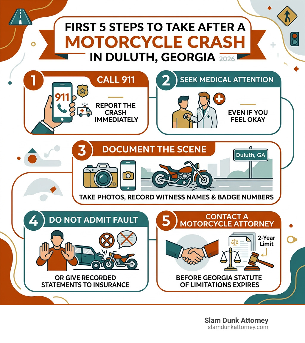 First 5 steps to take after a motorcycle crash in Duluth, Georgia infographic - Motorcycle accident Duluth infographic 