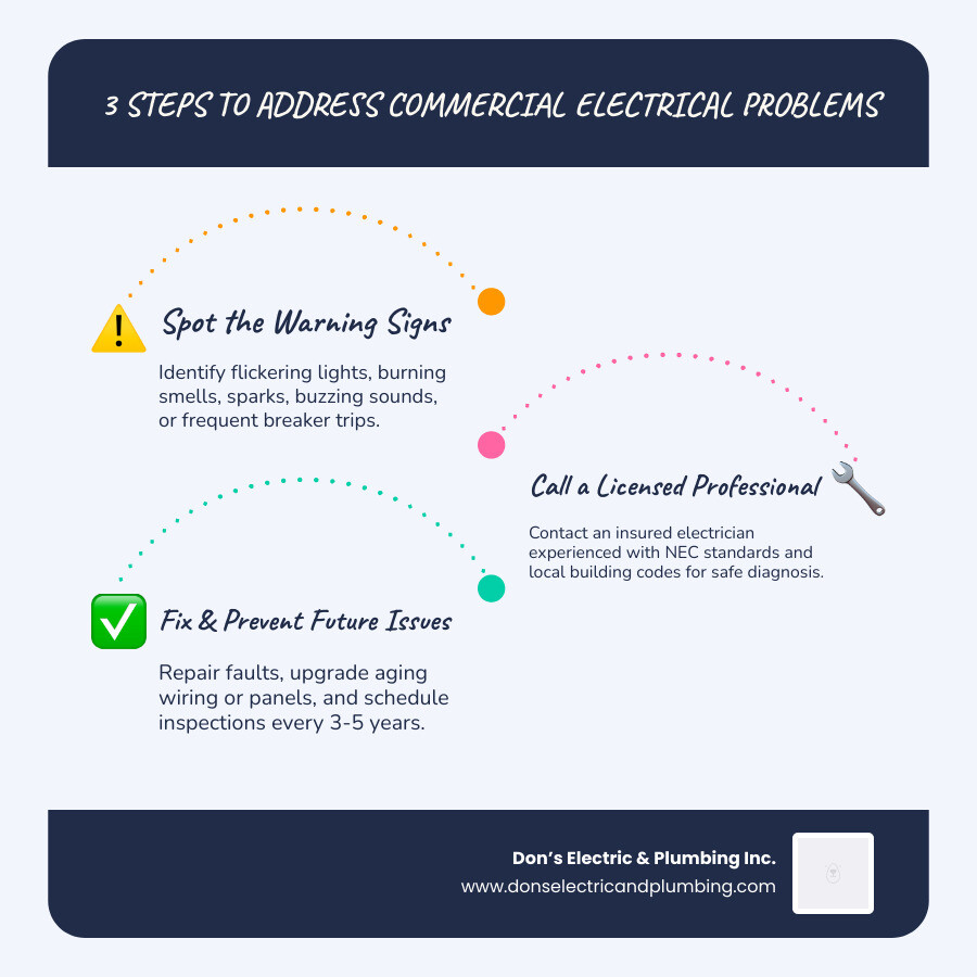Infographic showing signs of commercial electrical problems and steps to address them in Middleburgh NY - commercial Infographic showing signs of commercial electrical problems and steps to address them in Middleburgh NY - commercial