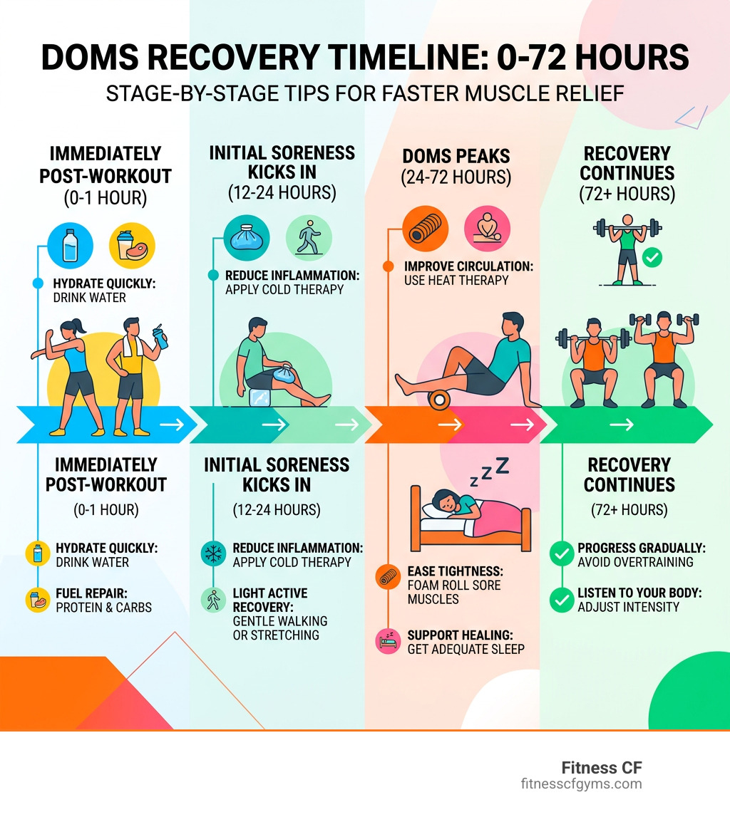 Infographic showing DOMS recovery timeline from 0 to 72 hours with tips for each stage - after exercise muscle pain how to