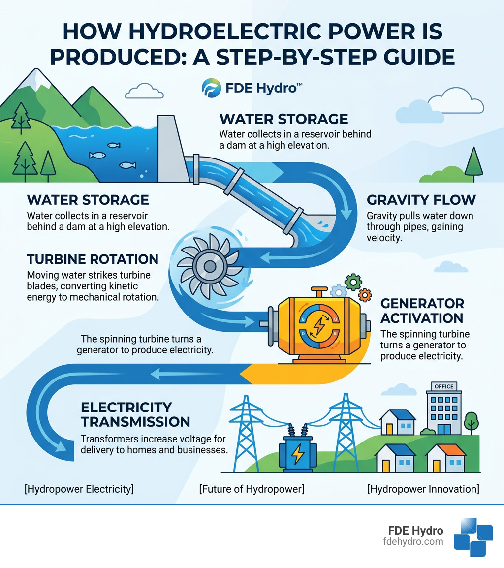 Infographic showing how falling water becomes household electricity step by step - how hydroelectric power is produced Infographic showing how falling water becomes household electricity step by step - how hydroelectric power is produced