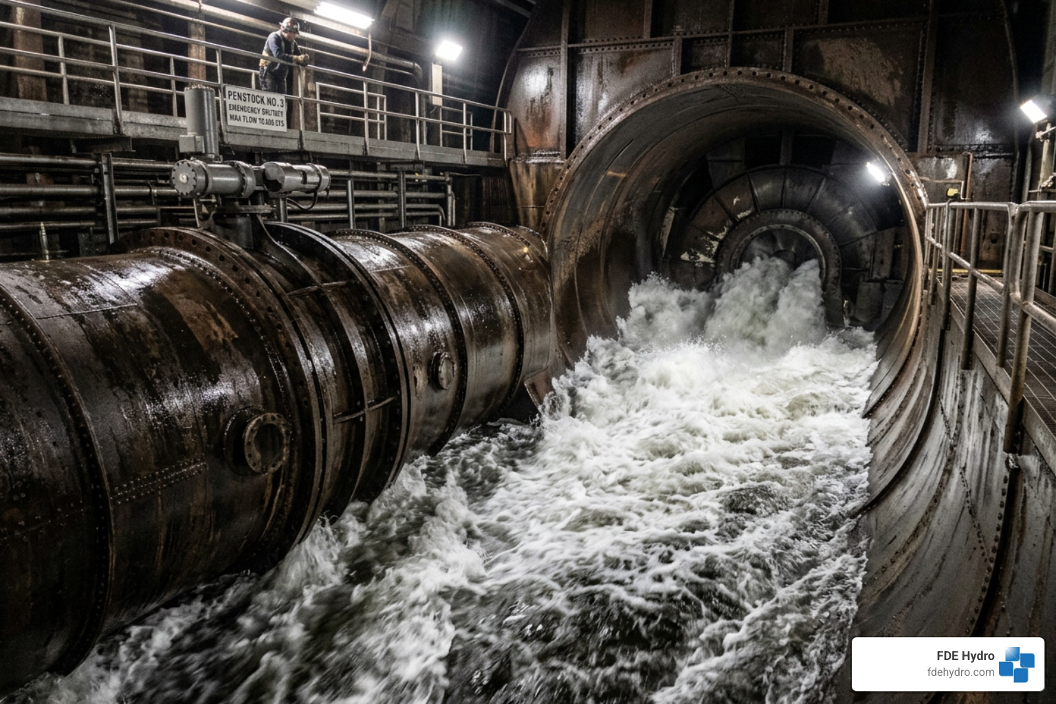 Water rushing through a high-pressure penstock - how hydroelectric power is produced Water rushing through a high-pressure penstock - how hydroelectric power is produced